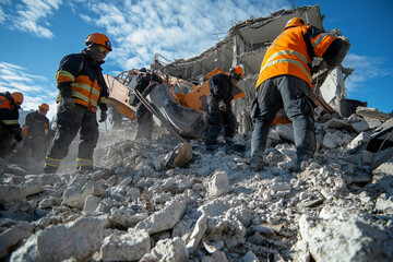 Rescue workers are searching for survivors in building debris after an earthquake