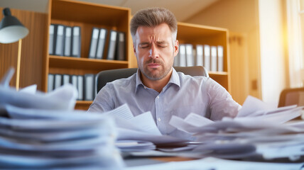 Obraz premium stressed businessman sits at cluttered desk surrounded by paperwork, reflecting pressures of work. warm light from window adds sense of urgency to scene