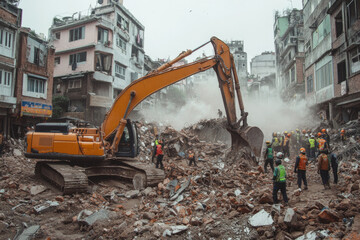 Excavator removing rubble and debris after earthquake disaster with rescue workers