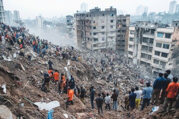 Rescuers and volunteers searching for survivors amidst the rubble of a collapsed building in a densely populated urban area