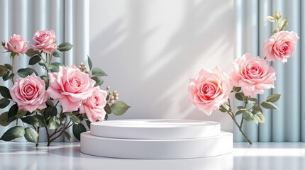Obraz premium White podium and white background and pink roses