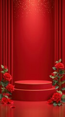 Red podium and red background and red roses