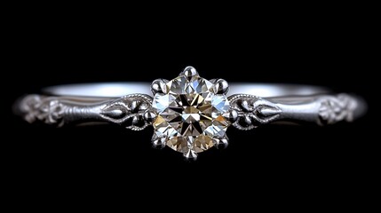 beautiful wedding ring with a radiant diamond centerpiece, isolated against a black background, emphasizing the clarity and shine of the diamond. vintage wedding ring, filigree detailing, black 