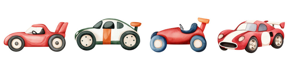 Colorful racing cars in playful watercolor style, perfect for kids decor, isolated on transparent background.