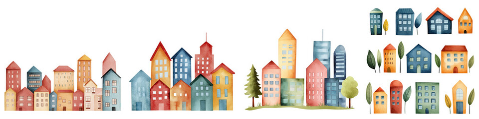 Fototapeta premium Colorful watercolor cityscape with various buildings and trees, isolated on transparent background.