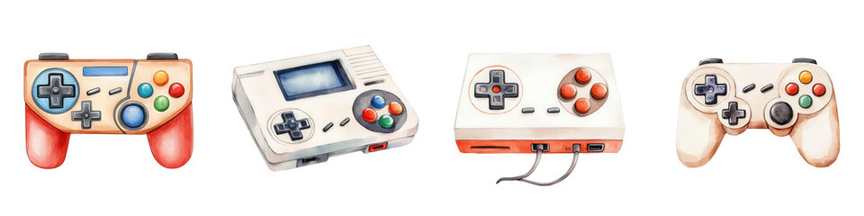 Fototapeta premium Retro game console clipart featuring colorful controllers and consoles. Perfect for gaming, isolated on transparent background.