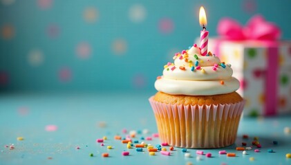 Colorful birthday cupcake with sprinkles and gift box on a festive background, colorful, party