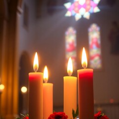 Four lit advent candles in a church, soft light, hazy atmosphere bright lens flare, light streaks, vibrant warm colors, glowing effect