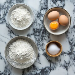 Minimalist kitchen scene featuring flour eggs and salt ingredients on marble background for baking concept