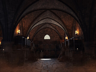 Dark medieval wine cellar with wooden barrels, burlap sacks and burning torches. Made from 3d resources and painted elements. No AI used. 