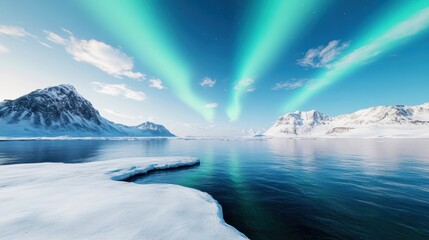 Naklejka premium Stunning Aurora Borealis Over Snow-Capped Mountains and Calm Arctic Waters at Dusk