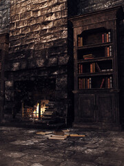 Old fireplace in a fantasy medieval castle, with a tall bookshelf next to it and scrolls lying on the ground. Made from 3d resources and painted elements. No AI used. 