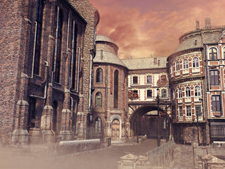 Steampunk buildings in a fantasy town from the Victorian era, with lamps and steampunk decorations. Made from 3d resources and painted elements. No AI used. 