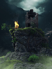 Fantasy ruins of a tower standing on a rocky cliff with a bonfire burning next to it. Made from 3d resources and painted elements. No AI used. 