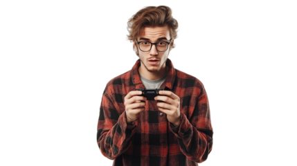 Young game developer, stylish geeky outfit, passionate expression, isolated PNG