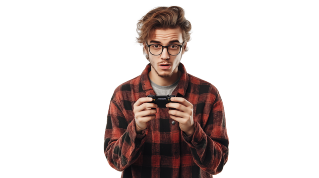 Young game developer, stylish geeky outfit, passionate expression, isolated PNG