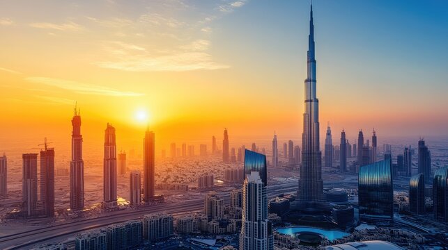 Sunset Over Modern Skyscrapers, showcasing architectural wonders and peaceful urban environments