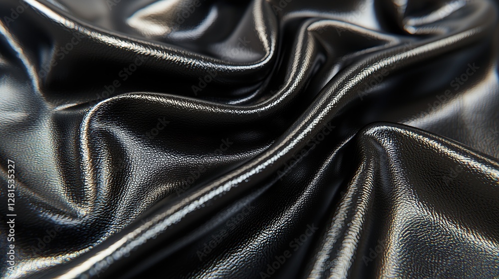 Poster textured and reflective black material is displayed in folds with bright highlight across surface