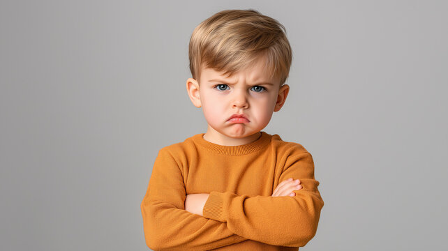 little boy with angry expression, arms crossed, wearing orange sweater. His facial features show frustration, creating striking emotional impact