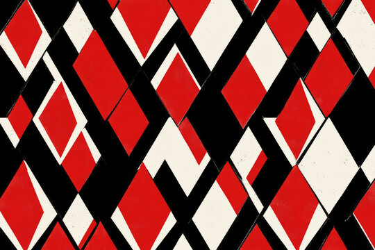 Illustration of a striking harlequin pattern in bold black and red diamond shapes. The sharp contrast and geometric precision create a visually captivating design, reminiscent of classic Venetian