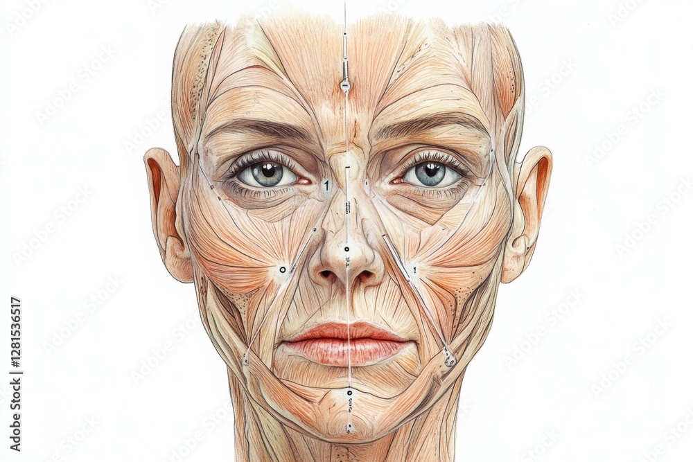Poster medical illustration depicting detailed anatomy of a female face with precise botox injection points