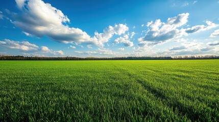 Naklejka premium Serene green field under a bright blue sky with fluffy clouds creating a peaceful and natural vista on a sunny day in the countryside