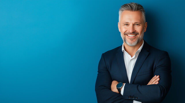 confident businessman with beard smiles against blue background, showcasing professionalism and approachability