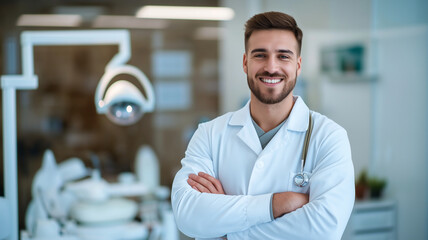 Fototapeta premium confident young male dentist smiles warmly in modern dental clinic, showcasing professionalism and approachability. bright environment enhances welcoming atmosphere