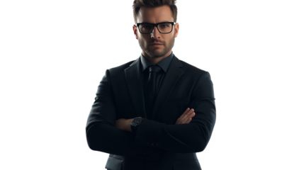 Cybersecurity expert in a dark stylish outfit, sharp and serious gaze, modern and professional, isolated PNG