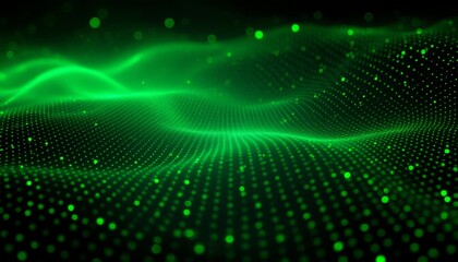 Glowing green points and waves forming a conceptual representation of digital space, modern technology, or a data network. A futuristic and artistic rendering of a digital landscape.