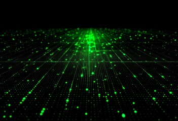 Brightly glowing green digital dots arranged in a grid, creating a pattern that symbolizes technology, data, and futuristic digital environments, viewed from a dynamic perspective.