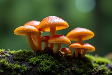 Fototapeta premium Close-up of Orange Mushrooms Growing on Mossy Log in Forest