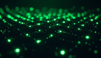 Obraz premium Brightly glowing green digital dots arranged in a grid, creating a pattern that symbolizes technology, data, and futuristic digital environments, viewed from a dynamic perspective.