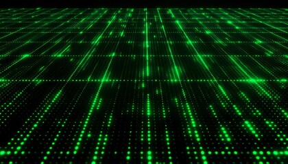 Brightly glowing green digital dots arranged in a grid, creating a pattern that symbolizes technology, data, and futuristic digital environments, viewed from a dynamic perspective.