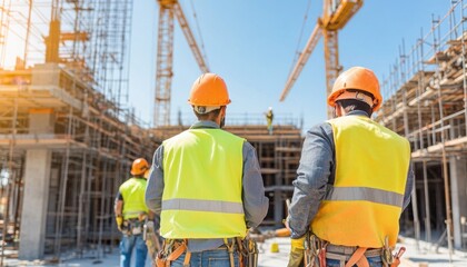 Two construction workers in safety gear observe the ongoing work on a large building site under a clear blue sky.