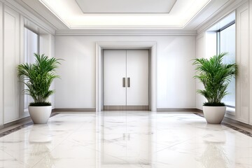 Elegant Modern Lobby with Two Potted Plants and Sleek Marble Floors
