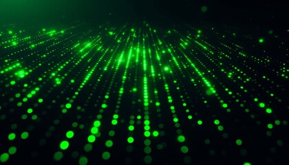 Brightly glowing green digital dots arranged in a grid, creating a pattern that symbolizes technology, data, and futuristic digital environments, viewed from a dynamic perspective.
