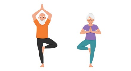 Active Elderly Couple Practicing Tree Pose Yoga Exercise Healthy Lifestyle Illustration