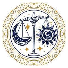 Elegant celestial balance scale with moon and sun elements in a mystical, astrology-inspired design. Perfect for tarot, zodiac, spirituality, and esoteric-themed artwork and decor.