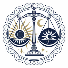Elegant vector illustration of a celestial balance scale with sun and moon elements. Mystic, zodiac, and astrology-inspired design, perfect for spirituality, tarot, and esoteric themes.