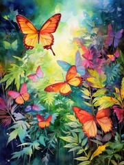 Watercolor Tropical Jungle with Glowing Insects