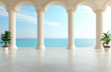 Fototapeta premium serene view of white marble columns with arches overlooking tranquil sea. Lush green plants in pots enhance elegant atmosphere, creating peaceful and inviting space
