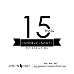 15th years anniversary celebration emblem. black anniversary logo isolated with ribbon on white background. vector illustration template design for web, flyers, poster, greeting card