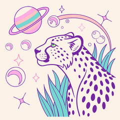 A cosmic-themed illustration of a cheetah gazing at outer space, surrounded by planets, moons, and glowing stars. Vibrant pastel hues create a dreamy, futuristic, and mystical aesthetic.