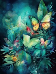Surreal Jungle Scene with Vibrant Colors and Glowing Butterflies