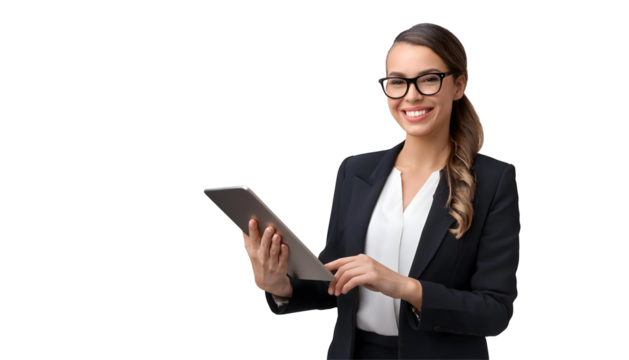 Portrait of a smiling businesswoman holding tablet, business concept, isolated on transparent background