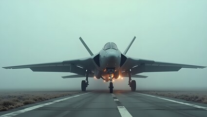 Futuristic aircraft landing unbalanced on misty airstrip with sparks flying and cinematic realism at night

