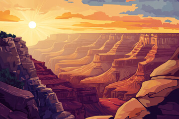 Obraz premium Illustration of a vintage travel poster featuring a scenic view of the Grand Canyon at sunset. The warm hues of the sky and the rugged landscape create a sense of awe and wonder, inspiring adventure