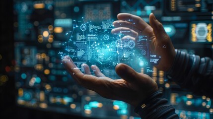 Hands interact with digital holographic display in a futuristic tech environment