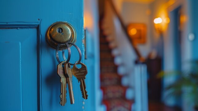 Keys hanging in a blue door with a staircase in the background of a cozy home interior - Powered by Adobe